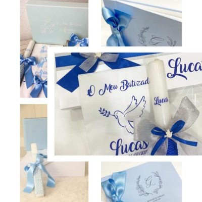 Papelaria e Artigos de Festa 25 Kit de Batismo Azul & Branco | Caixa com 3 Peças Personalizadas e Livro de honra