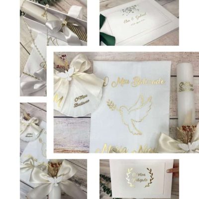 Kit de Batismo Dourado & Branco | Caixa com 3 Peças Personalizadas e Livro de honra