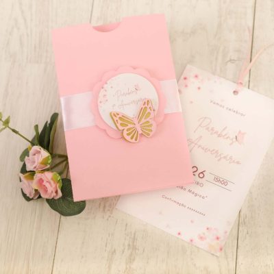 Convite Personalizado Rosa com Borboleta | Para Batizado ou Aniversário de Menina