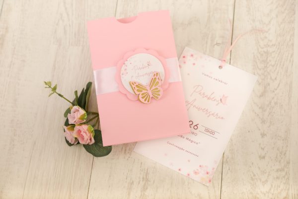 Convite Personalizado Rosa com Borboleta | Para Batizado ou Aniversário de Menina