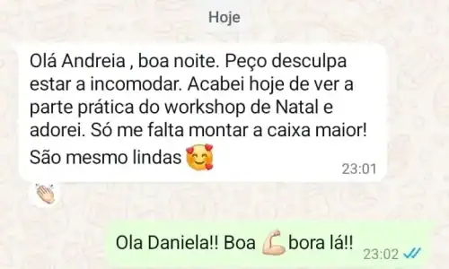 Captura de tela de uma conversa de WhatsApp entre duas pessoas, com mensagens de boas-vindas e desculpas.