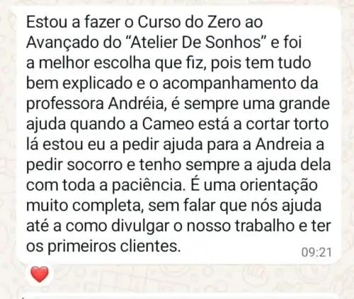 Mensagem de agradecimento a uma professora pelo apoio no curso de Atelier de Sonhos.