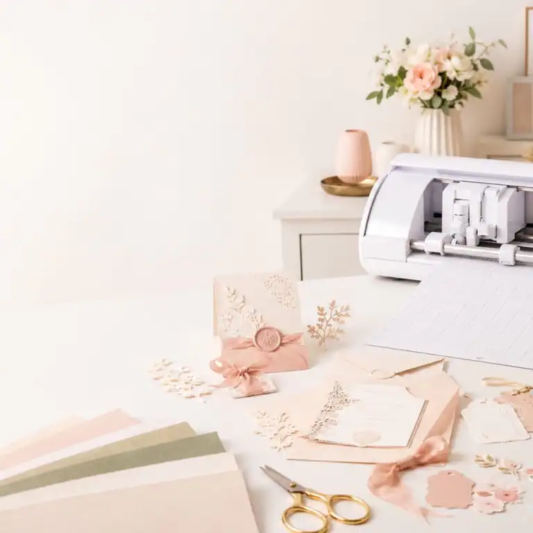 Máquina de corte de papel em uma mesa com materiais de papelaria em tons de rosa e branco.