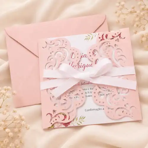Convite de casamento com detalhes em rosa, laço de fita e design delicado com elementos florais.
