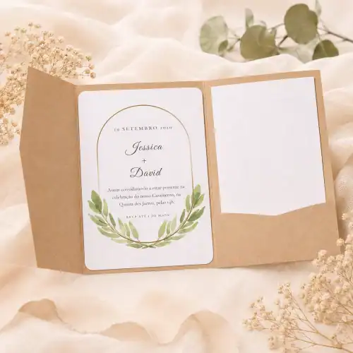 Convite de casamento com design minimalista, folhas verdes e espaço para foto na parte direita.