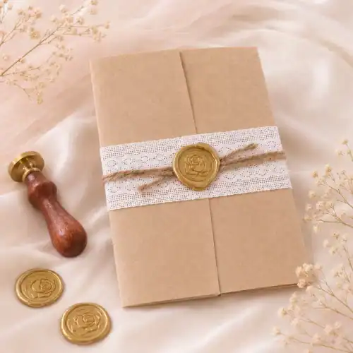 Caderno embrulhado em papel kraft com fita de renda e selo de cera, ao lado de carimbos de cera e flores secas.