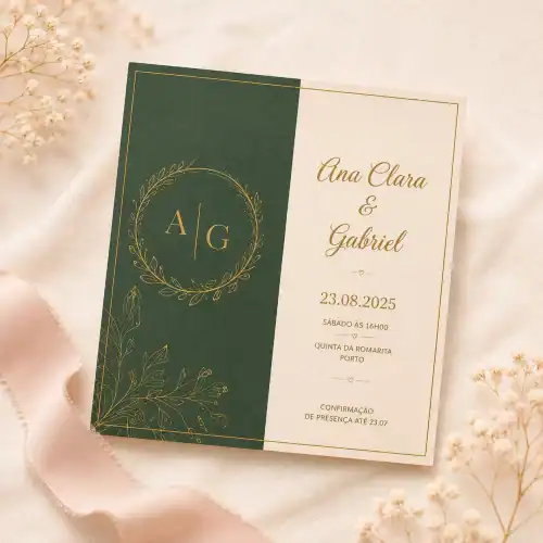 Convite de casamento com design elegante, verde escuro e creme, com iniciais A e G em destaque e detalhes florais.