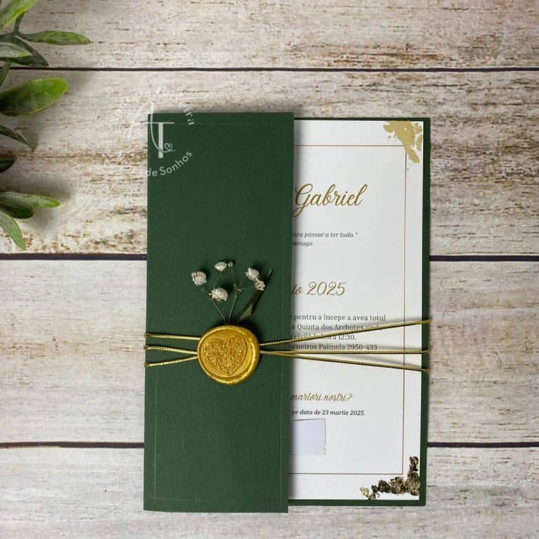 convite de casamento elegante com lacre dourado verde