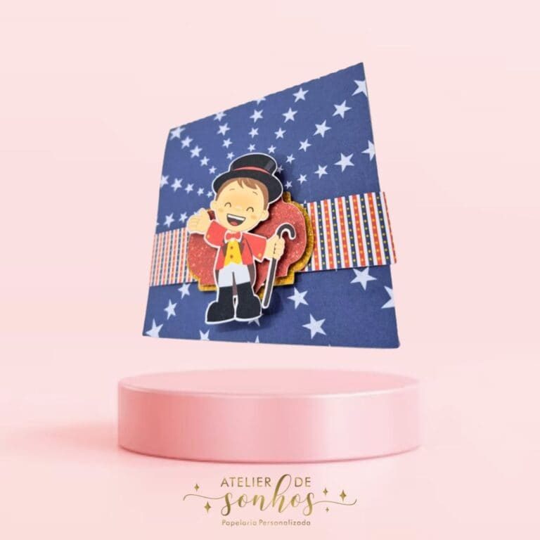 Cadeado de papel decorativo com tema de circo, com cores vibrantes e detalhes festivos, ideal para festas infantis ou decorações temáticas.