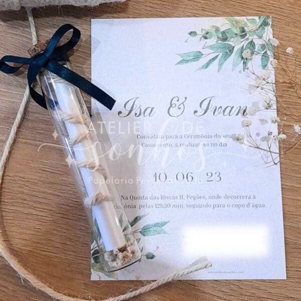 Convite de casamento frasco de vidro floral