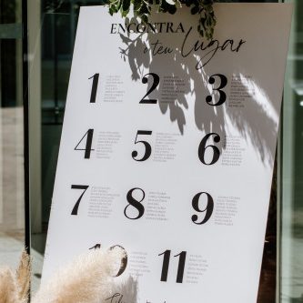 Quadro de assentos para casamento com lista numerada e decoração com plantas e flores secas, em ambiente ao ar livre.